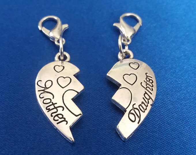 Mother & Daughter Heart Charm set 2 Antique Silver Bracelet Charms Necklace Pendant Jewelry Charms Earrings Earring Zipper Pulls
