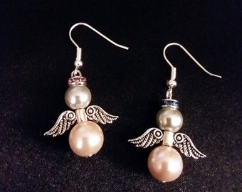 Guardian Angel Earrings French Hook Rhinestones Pink & Silver-gray Glass Faux Pearls Dangle Drop