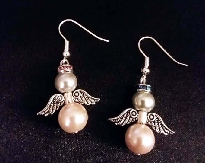 Guardian Angel Earrings French Hook Rhinestones Pink & Silver-gray Glass Faux Pearls Dangle Drop