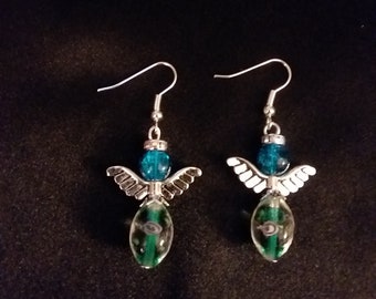 Set of Blue & Green Guardian Angel Earrings  Angel Charm Earring Drop Dangle Jewelry French Hook Style Ear Wires