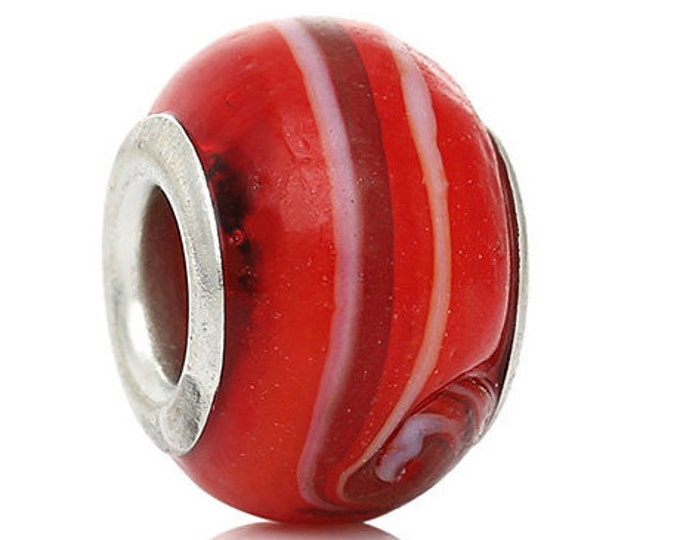 Red Swirl Glass Bracelet Bead Lampwork European Style Round Silver Plated Core white & gold Swirl Pattern Beads Necklace Jewelry