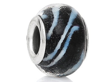 Black Swirl Glass Bracelet Bead Lampwork European Style Round Silver Plated Core white Swirl Pattern Beads Necklace Jewelry