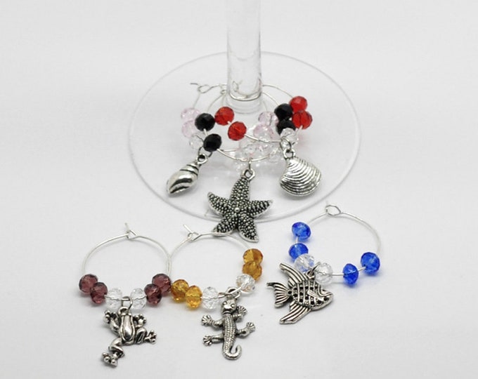 6 Ocean Creatures Beach Sea themed Wine Glass Charms Antique Silver Finish - Star Fish - Clam Shell - Sea Shell - Fish – Frog Wine Charm