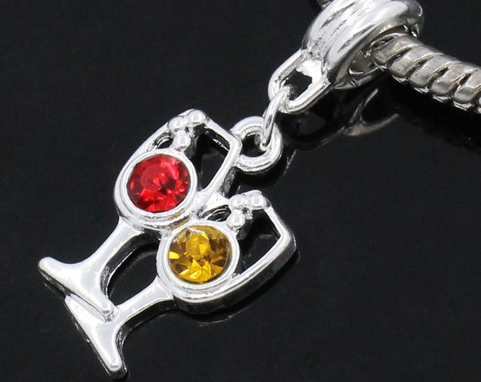 Wine Glass Charm Silver Plated Red & Yellow Rhinestone European Style Large Hole Bracelet Charms Necklace Jewelry Supplies Projects Earrings