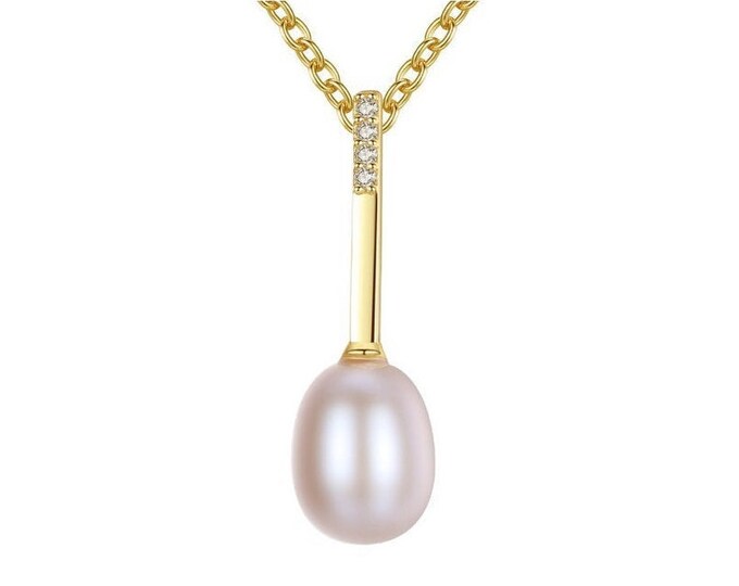 Beautiful Pink Freshwater Pearl & White Topaz Pendant 925 Sterling Silver Necklace