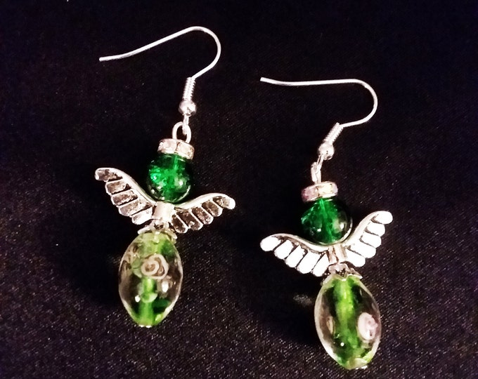 Set of Green Guardian Angel Earrings  Angel Charm Earring Drop Dangle Jewelry French Hook Style Ear Wires