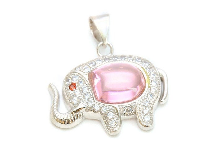Elephant Pink Sapphire & Created Diamond Pendant Necklace on a 18K Gold Plated Snake Chain