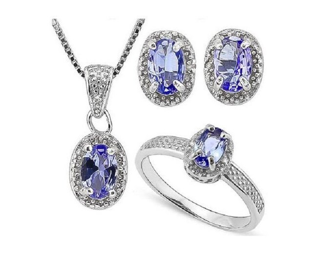 1 3/4 Ct Tanzanite & Diamond Ring, Pendant Necklace and Earring Sterling Silver Set 925 Estate Jewelry Earrings