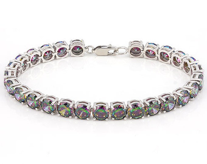 21.15 Ct Mystic Topaz Gemstone Bracelet Sterling Silver 925 Tennis Bracelet Round Cut Statement Jewelry