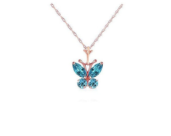 0.60 Ct Blue Topaz Butterfly Pendant on a 14Kt Solid Rose Gold Rope Chain Necklace Gemstone Estate Jewelry