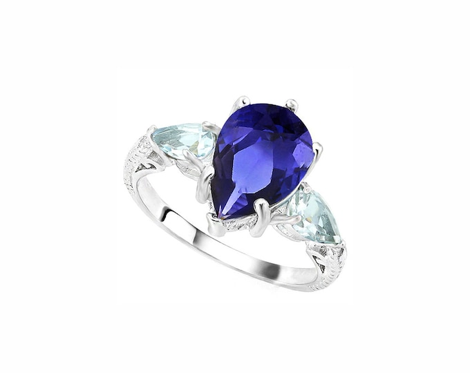 3 Ct Lab Tanzanite & Sky Blue Topaz Sterling Silver Ring 925 Egyptian Blue Statement Cocktail Jewelry Size 6 3/4 US