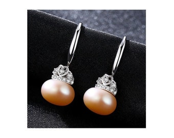 Pink Freshwater Pearl & CZ Cubic Zirconia 925 Earrings Sterling Silver Gemstone Statement Jewelry Wedding Bride