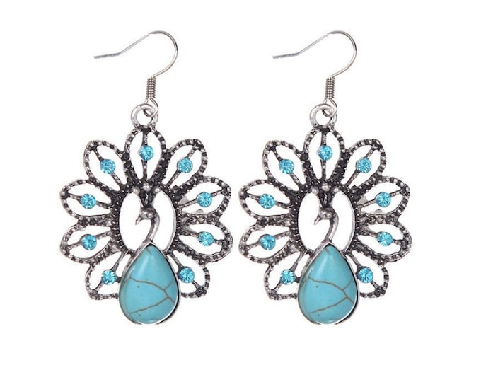 Turquoise & Crystal Peacock French Hook Earrings Boho Fashion Jewelry