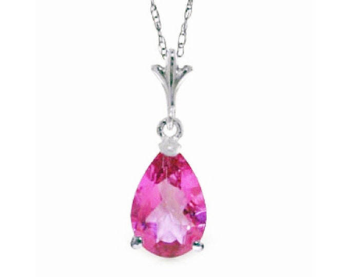 1.5 CT Pink Topaz Pear Cut Pendant on a 14K Solid White Gold Rope Chain Necklace – 18 Inch Chain Gemstone Jewelry