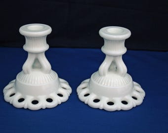 Vintage Westmoreland Milk Glass Pair of Doric Lace Candlestick Holders USA Candle Holder