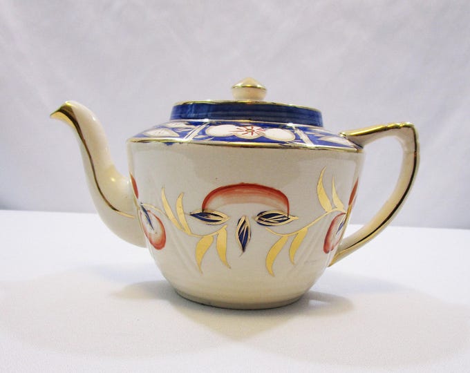 Vintage Teapot Arthur Wood and Sons Hand Painted Gaudy Welsh 32 ounce Tea Pot with Gold Gilding Peach and Blue coloring circa 1954