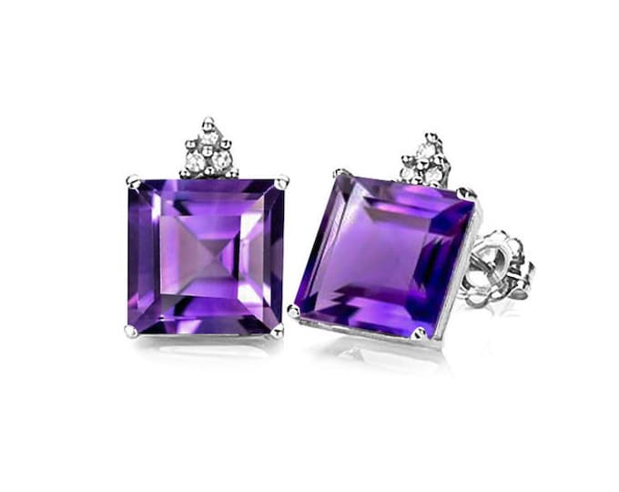 1.72 Ct Purple Amethyst & Diamond Earrings 10K Solid White Gold Stud Earring Floral Lavender Gemstone Jewelry