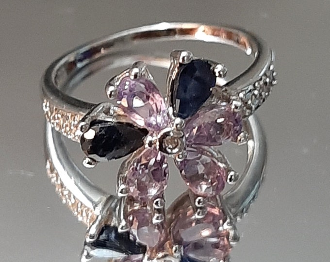 1.35 Multi Color Gemstone & Diamond 925 Ring Sterling Silver Purple Amethyst Statement Cocktail Ring Jewelry Size 7