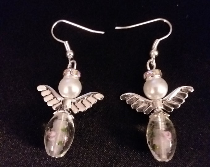 Set of White Glass Guardian Angel Earrings  Angel Charm Earring Drop Dangle Jewelry French Hook Style Ear Wires