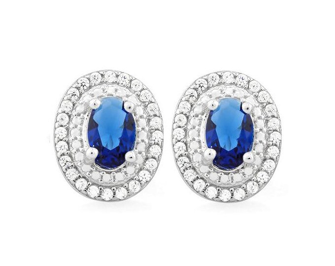 2 Ct Created Blue Sapphire & 3/5 Ct Created Diamond 925 Sterling Silver Earrings