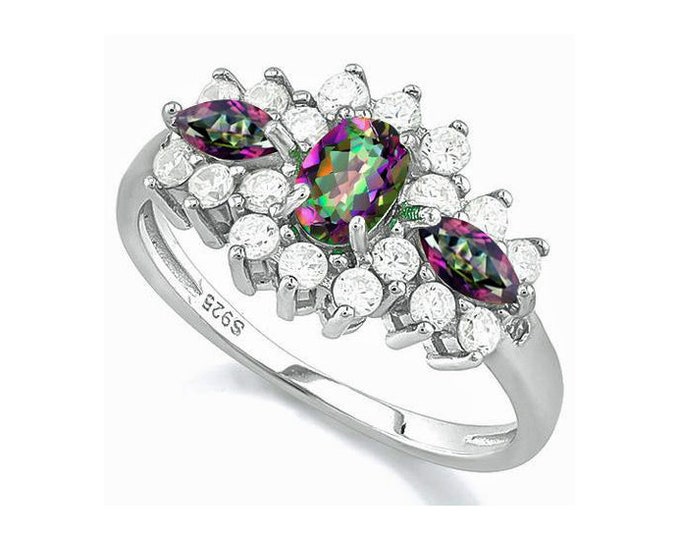 Dazzling .74 Ct Mystic Topaz 925 Sterling Silver Ring With Created White Sapphires & Genuine Diamonds Size 7