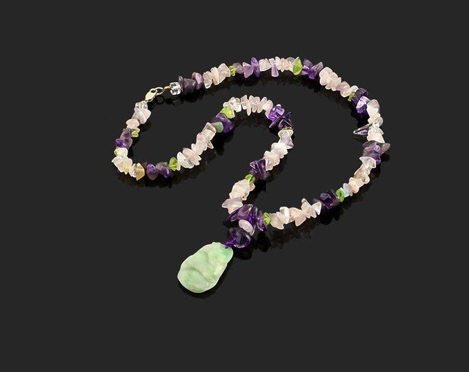 Natural Hand Carved Jade Pendant on a Necklace of Amethyst & Quartz Gemstones Gift Women Birthday Mother Christmas Jewelry