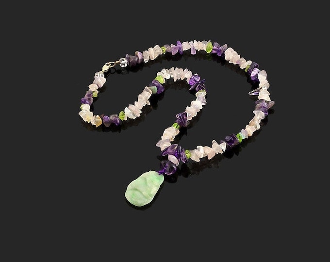 Natural Hand Carved Jade Pendant on a Necklace of Amethyst & Quartz Gemstones Gift Women Birthday Mother Christmas Jewelry