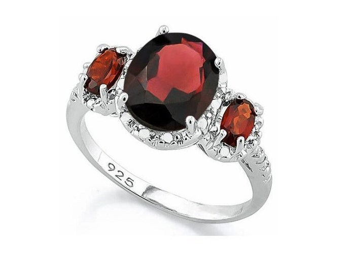 Gorgeous 3.5 Ct Garnet & Diamond Sterling Silver Ring 925 Gemstone Statement Cocktail Estate Jewelry Size 7