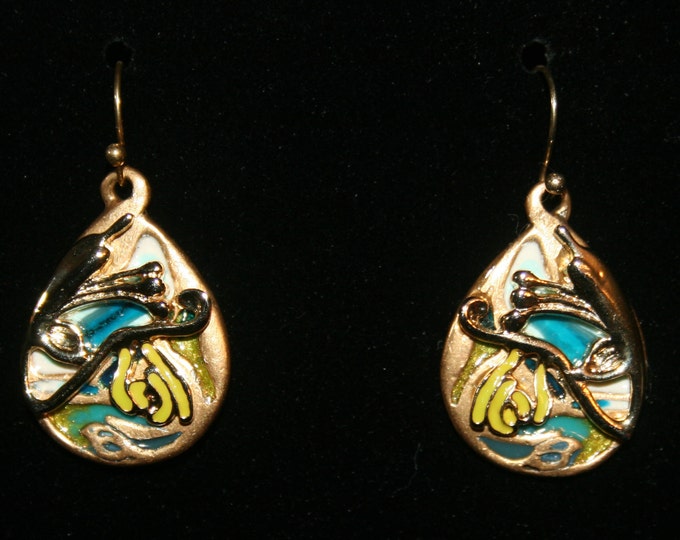 Vintage Kenilworth Creation Earrings Copper Silver Tone with Green & White Enamel Capwell Jewelry Drop Dangle Earring