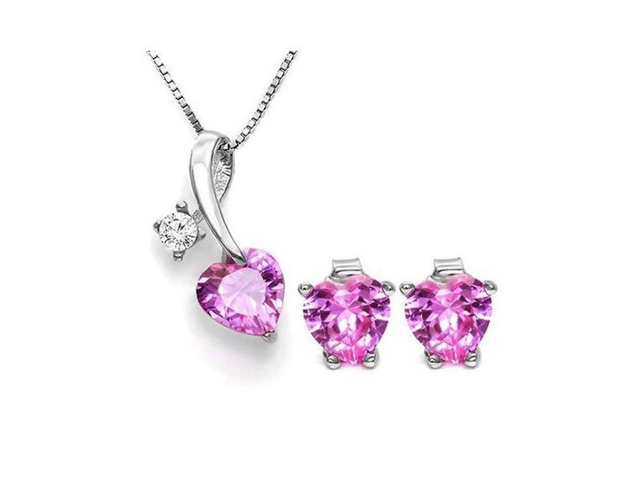 3.4 Ct Created Pink Sapphire & White Topaz Sterling Silver Jewelry Set 925 Pendant Necklace Earrings