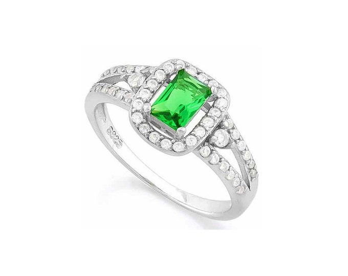 2/3 Ct Created Emerald & 1/2 Ct  Cubic Zirconia CZ  Sterling Silver Halo Ring 925 Statement Jewelry Size 7