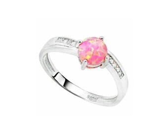 2/5 Carat Created Pink Fire Opal and Genuine Diamonds Sterling Silver Ring 925 Cocktail Ring Statement Ring Estate Jewelry Size 7
