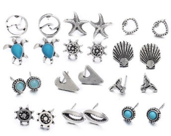 12 Earring Sets of Beach Ocean Themed Earrings in 18K Gold Plated German Silver Fashion Jewelry Turtle Star Fish