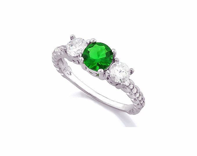 1.2 Ct Created Emerald & Created Topaz Sterling Silver Ring 925 Engagement Ring Wedding Band Statement Ring Estate Jewelry Size 7