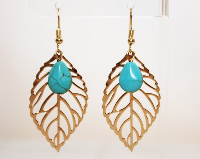 Turquoise Stones & Golden Leaf Earrings French Hooks Boho Fashion Jewelry