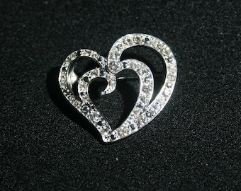 Vintage Liz Claiborne White Diamond Rhinestone Heart Brooch Jewelry Pin Circa 1980's Crystal Costume Jewelry