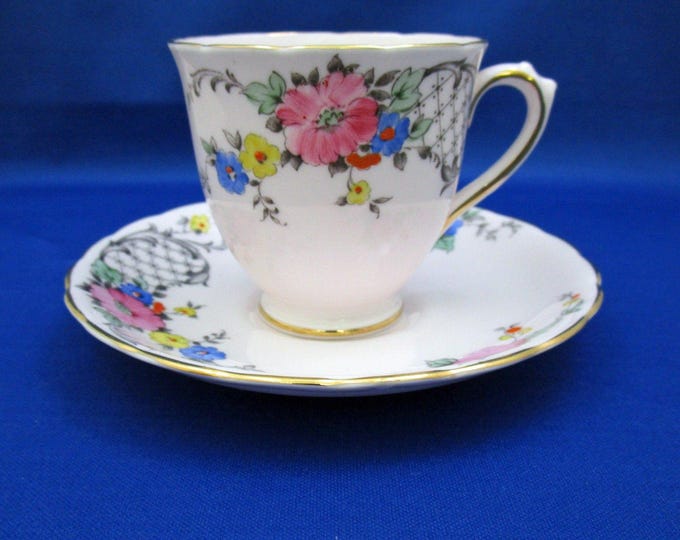 Vintage Tuscan Bone China Tea Cup and Saucer with Floral Spray and Lattice Hand Accented 7501 England demitasse espresso English Tea Party