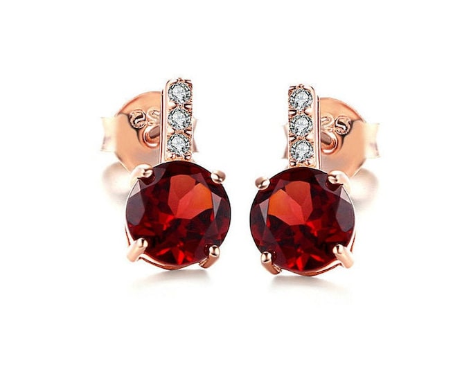 1.68 Ct Garnet & Cubic Zirconia CZ Earrings 925 Rose Gold Plated Sterling Silver Stud Earring Jewelry Gemstone Gift Women Birthday