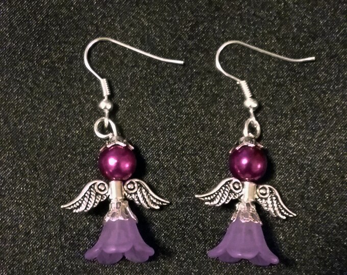 Guardian Angel Earrings Set of Purple Angel Charm Earring Drop Dangle Jewelry French Hook Style Ear Wires Golden