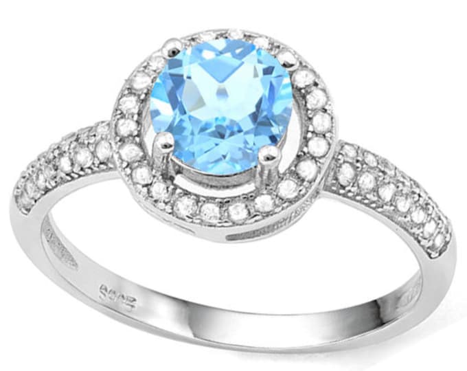 1 Carat Baby Swiss Blue Topaz & .25 Carat Created White Sapphire 925 Sterling Silver Ring Cocktail Jewelry Size 7