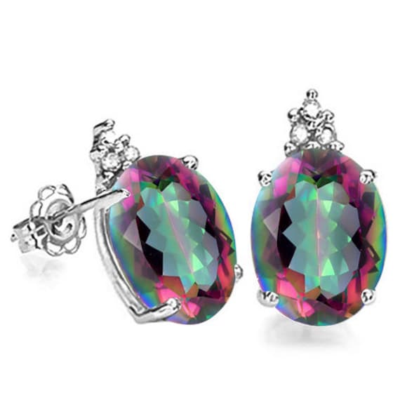 2.20 Ct Mystic Topaz & Diamond Stud Earrings 10K … - image 2