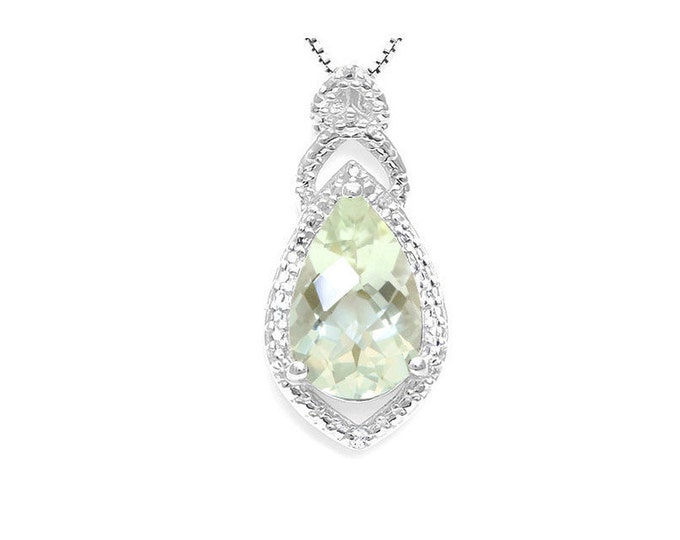 3 Ct Green Amethyst & Diamond Teardrop  925 Pendant Necklace Sterling Silver 18 Inch Box Chain Gemstone Jewelry