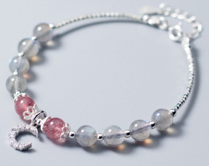 Moonstone & Strawberry Quartz Bead 925 Bracelet Sterling Silver Moon Charm Gemstone Statement Jewelry