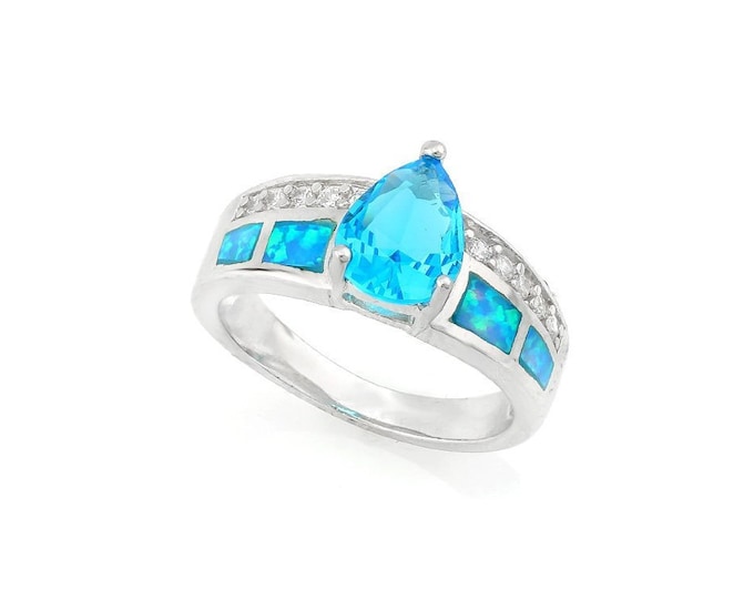 3.40 Ct Created Blue Topaz & Created Blue Opal Sterling Silver Ring 925 Gemstone Statement Jewelry Size 7 US