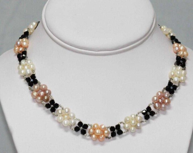 Natural Freshwater Pearl & Black Onyx Hand Strung Choker Necklace - pink, beige and white pearls – tricolor pearl design