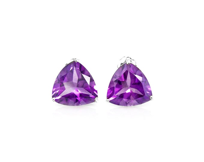 0.89 Ct Trillion Cut Amethyst 10K Solid White Gold Stud Earrings – Floral Lavender Gemstone Jewelry