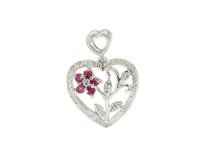 Beautiful 1/4 Ct Genuine Ruby & Diamond Heart Pendant Necklace 925 Sterling Silver with 18 inch Box Chain