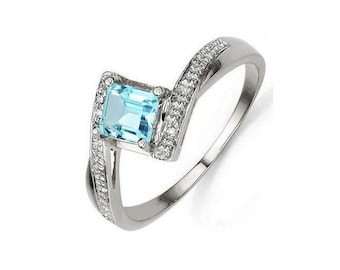 Elegant .83 Ct Sky Blue Topaz & Genuine Diamond Platinum over 925 Sterling Silver Ring Statement Cocktail Gemstone Estate Jewelry Size 7