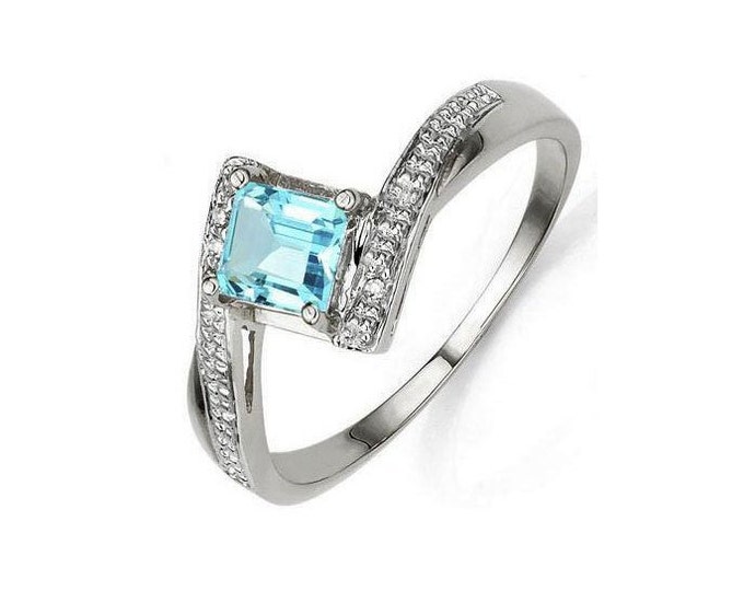 Elegant .83 Ct Sky Blue Topaz & Genuine Diamond Platinum over 925 Sterling Silver Ring Statement Cocktail Gemstone Estate Jewelry Size 7
