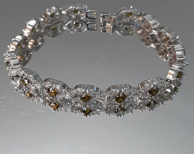 11 Carat Created Peridot & 1 Carat Created White Topaz 18K White Gold Plated German Silver Bracelet Gemstone Estate Statement Jewelry